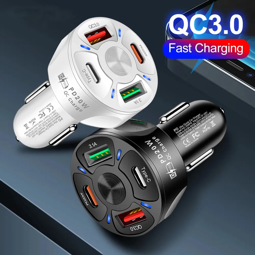USB C Auto Charger Car Charger QC 3.0 20W 4 Port Fast Car Charger USB C ...