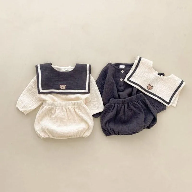 Conjuntos de roupas 0-3y Infant 3pc Conjunto de meninas meninas Bordado de urso doce Coloque o-pescoço O-gola LOPS TOPS LONGO LOLHO PP PP SHORTS