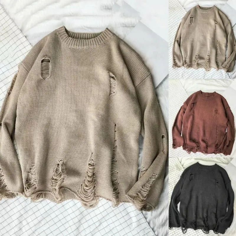 Männer Pullover Männer Pullover Einfarbig Übergroßen Paar Hip-hop-Stil Zerrissene O Neck Winter Elastische Langarm Pullover