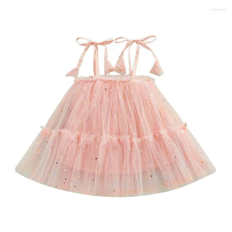 女の子のドレス幼児の女の子のノースリーレスAラインドレス夏の赤ちゃんタイプスパゲッティストラップスタープリント二重層裾スイートプリンセス
