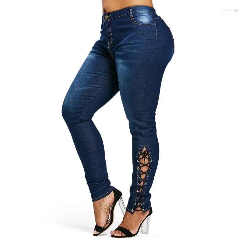 Jeans pour femmes Wipalo Plus Taille Zipper Side Lace Up Skinny Taille Haute Poches Denim Pantalon Femmes Crayon Pantalon Pantalon Gros