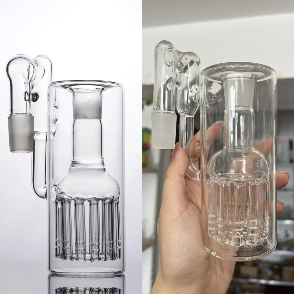 Echtbild-Glas-Hookah-Aschefänger mit einzelner Fritte und 12-Arm-Baum, Inline-Perc, 18-mm-Verbindung, rechtwinklig für Bong-Rigs, Rauchen, Stereo-Matrix-Aschefänger