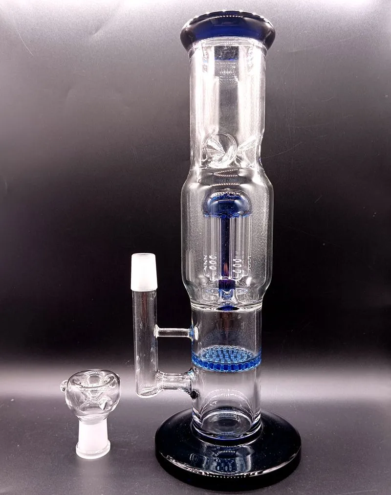 Bl￥ tjockt glas Bong Hookahs Tree Arm Perc Honeycomb Filters 18mm R￶kning Oil Dab Rigs Shisha med sk￥ltillbeh￶r