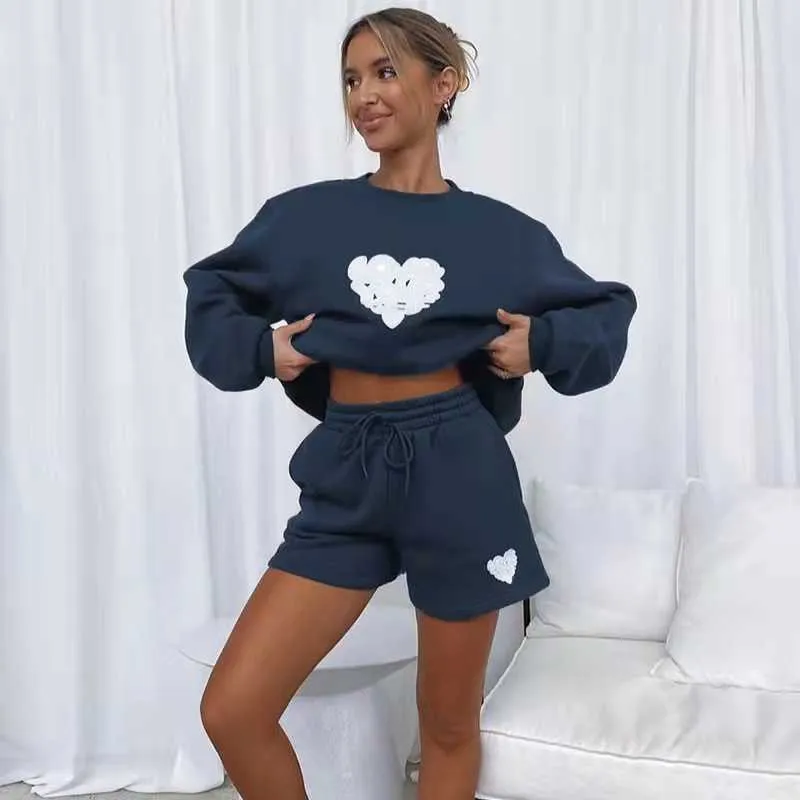 レディースツーピースパンツSeigurhry Women's 2 Piece Lounge Sets Long Sleeve Seater Top Shorts Outfits PJS With Pockets Heart Letter Print Tracksuit T221012