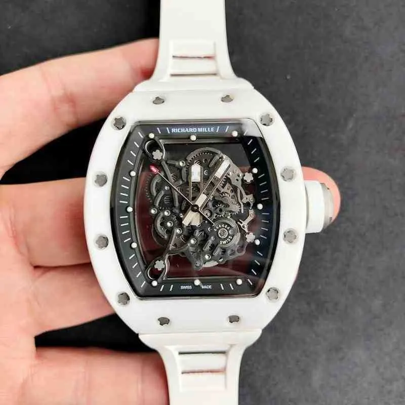 豪華なメンズメカニクスウォッチ腕時計ワインバレルレジャービジネスウォッチRM055完全自動機械式ホワイトセラミックメンN7TM