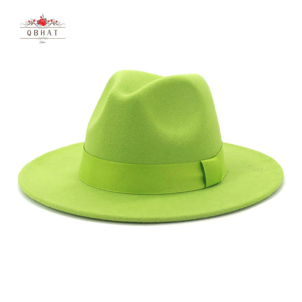 QBHAT Lime Vert Solide Couleur Laine Feutre Jazz Fedora Chapeaux avec Ruban Bande Femmes Hommes Large Bord Panama Party Trilby Chapeau De Mariage T221013