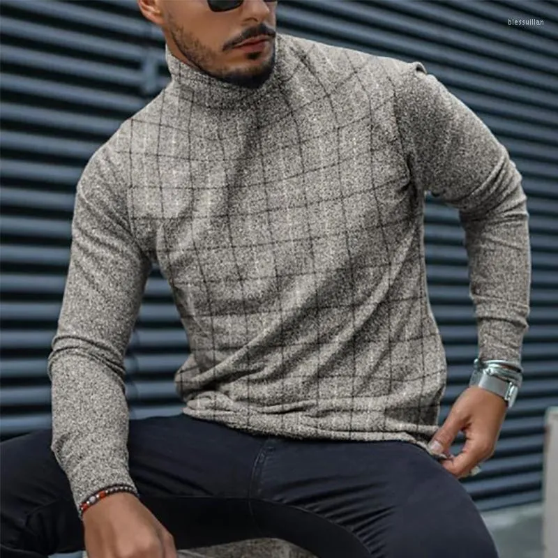 Men's T Shirts Casual Plaid Print Shirt Mens 2022 Spring Fashion Turtleneck Pullover Tops Male Long Sleeve Slim Tee Streetwear