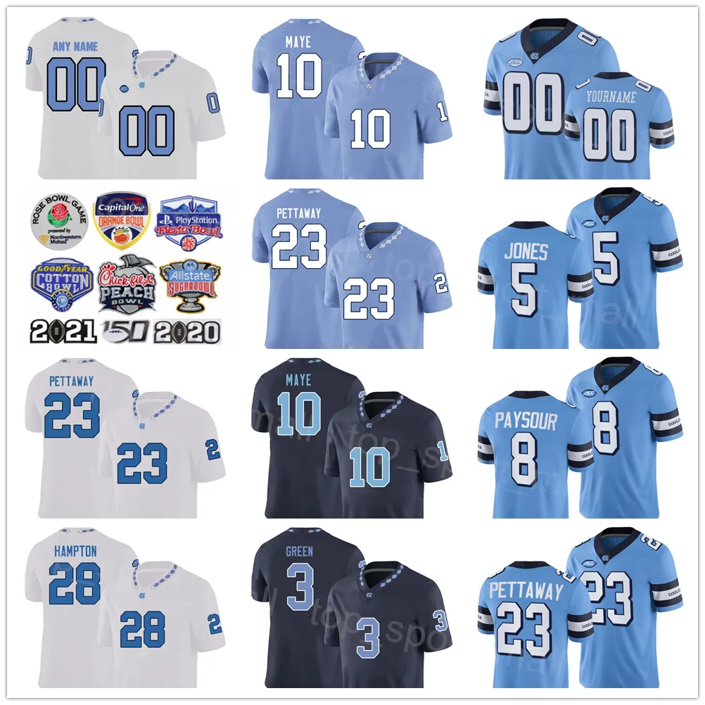 NCAA College North Carolina Tar Heels 10 Drake Maye Jersey Football University 28 Omarion Hampton 23 George Pettaway 8 Paysour 5 JJ Jones 3 Antoine Green Blue White