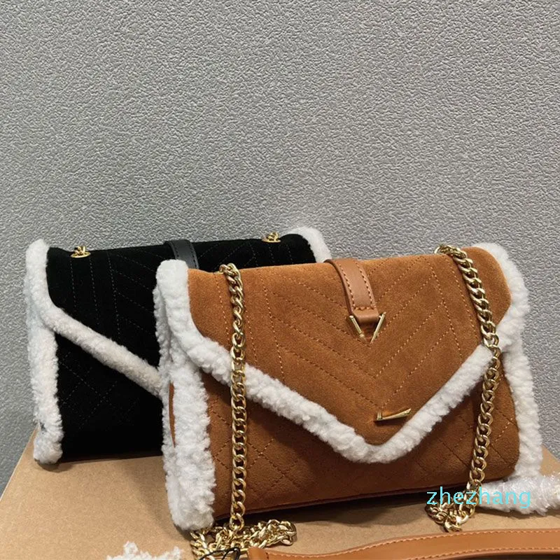 Suede Envelope Bag Chains Crossbody Bag Shoulder Handbag Purse Flap Quilting Messager Wallet Wool Leather Edging Women Plain