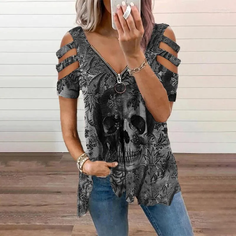 T-shirt da donna T-shirt da donna Stile occidentale Stampato Scollo a V Cerniera Senza spalline Camicia oversize a maniche corte Top estivo