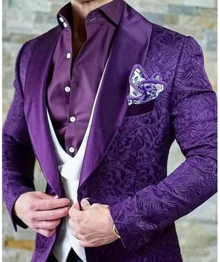 Excellent Dark Purple Embossing Men Wedding Tuxedos Black Shawl Lapel Slim Fit Groom Tuxedos Fashion Men Business Dinner Prom Blazer