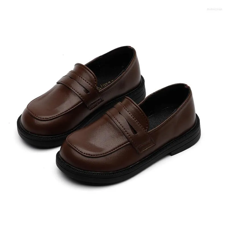 Flat Shoes Preppy Style Children Boys Girls Round Toe PU Synthetic Leather Black Retro Student School Slip-on Low-Top Teenager