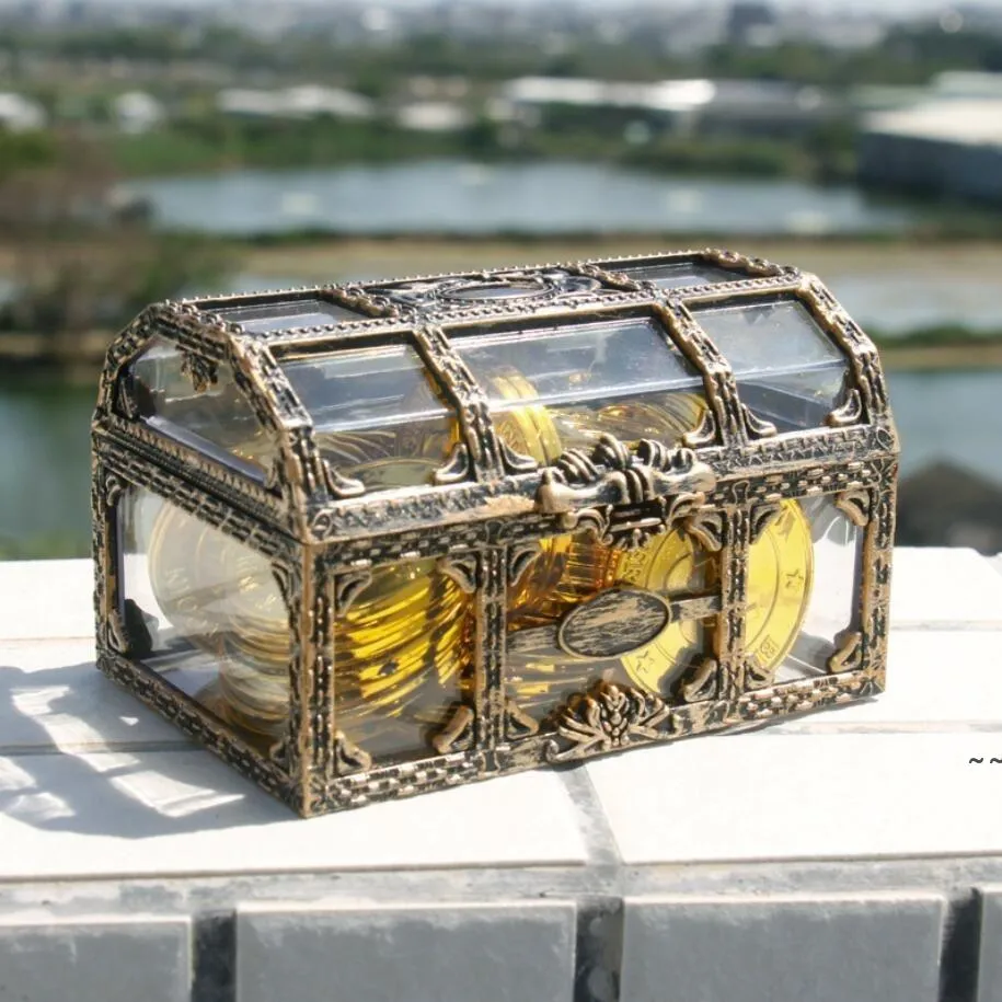 Caja del tesoro pirata transparente de plástico Retro, suministros para fiestas, joya de cristal, organizador de almacenamiento de joyas, baratija, recuerdo del tesoro JNB16314
