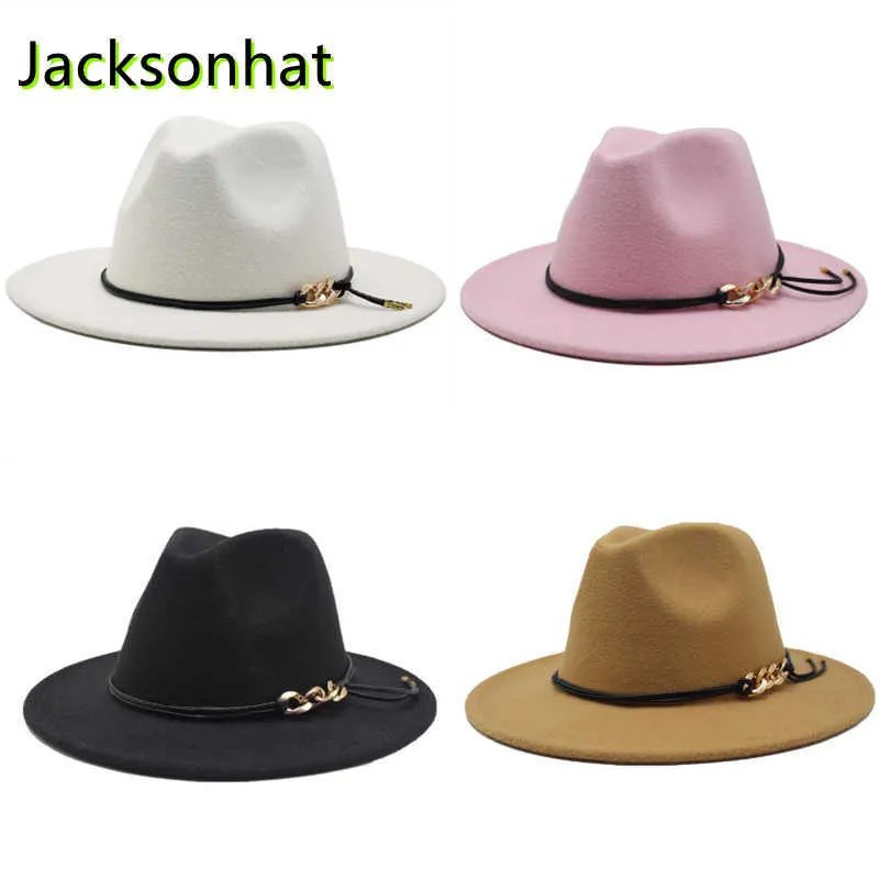 Beanie/Kafatası Kapakları Kadın Şapka Zinciri Fedora 21-Renk Geniş Caz Caz Top Sonbahar ve Kış Bayanlar Yün Panama Toptan T221013