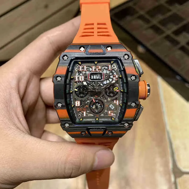 Luxury Mens Mechanics Watches Wristwatch Business Leisure RM11-03 Multifunktionell automatisk maskin Orange Carbon Fiber Tape Watc