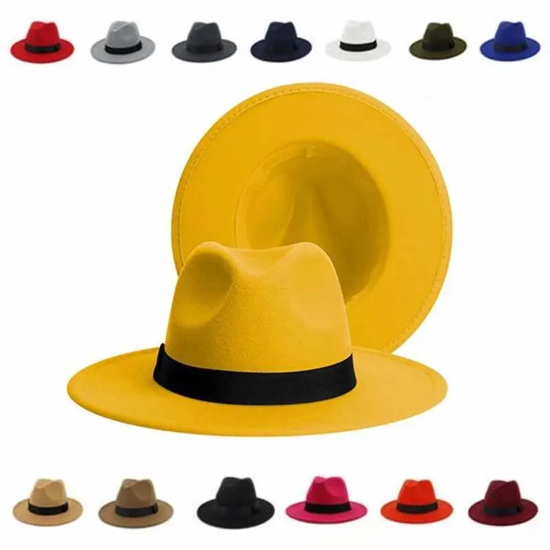 Beanie/crânio Caps Mulheres homens amarelos fedora chapéu unissex lã Felta chapéus de jazz elegante bandas pretas vasta vasa panamá trilby tap t2221013