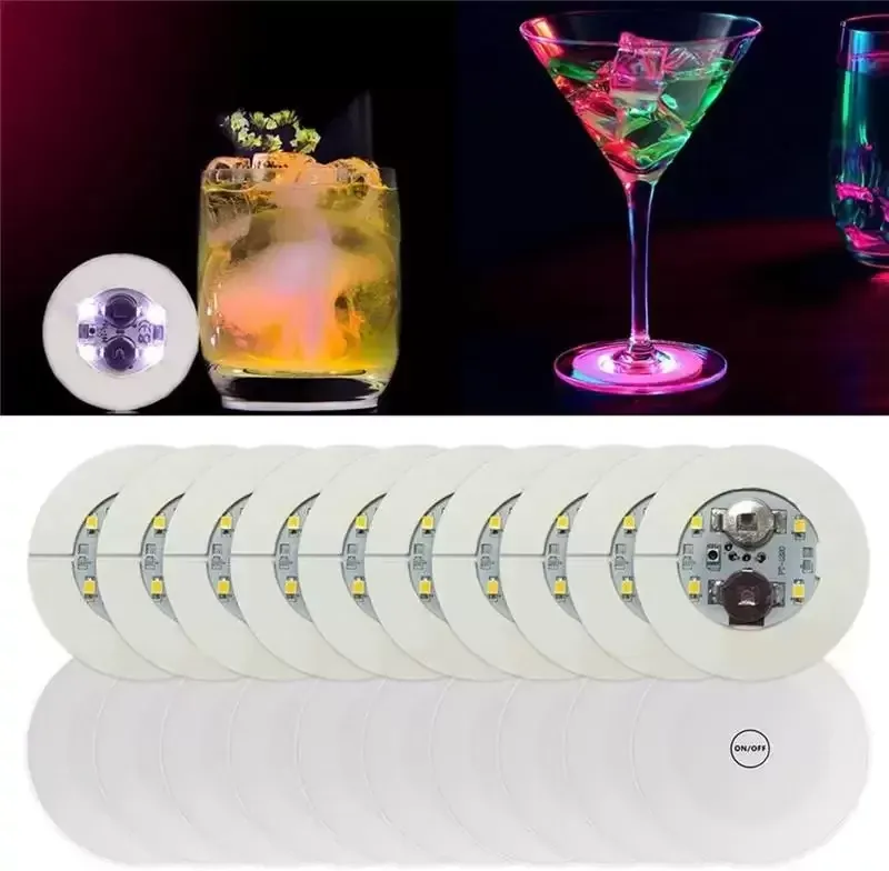 Dessous de Verre LED Nouveauté Éclairage 6 cm 4 LED Glow Bouteille Lumières Fantaisie Autocollant Coaster Disques Lampe pour Noël Fête De Mariage Bar Décor