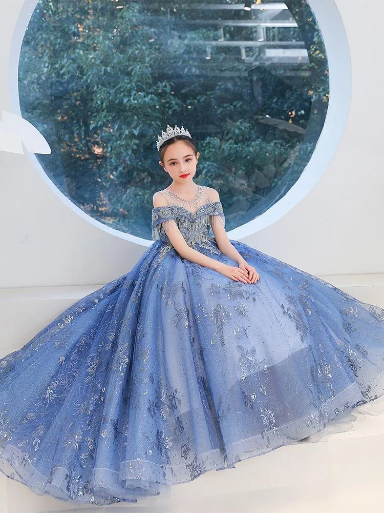 Glitter Blue Flower Girl Dresses cekin nastolatków Puffy księżniczka urocza małe suknie dziecięce dzieci urodziny