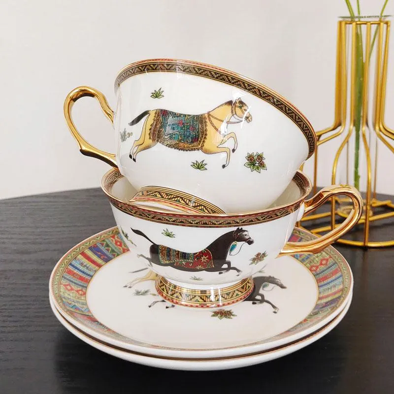 Bouillon Cup And Saucer Horse Bone China Coffee Mug Cup European Afternoon Tea Set Golden Handle