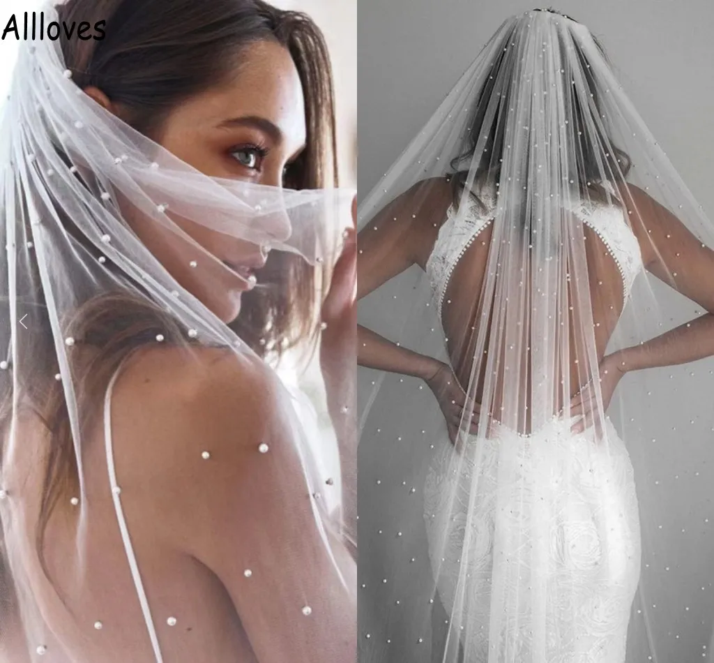 Pearls Wedding Veils For Brides With Comb Ivory White Cathedral Bridal Veil One Tier Boho Country Wedding Hair Accessories Women Headwear Headpieces CL1262