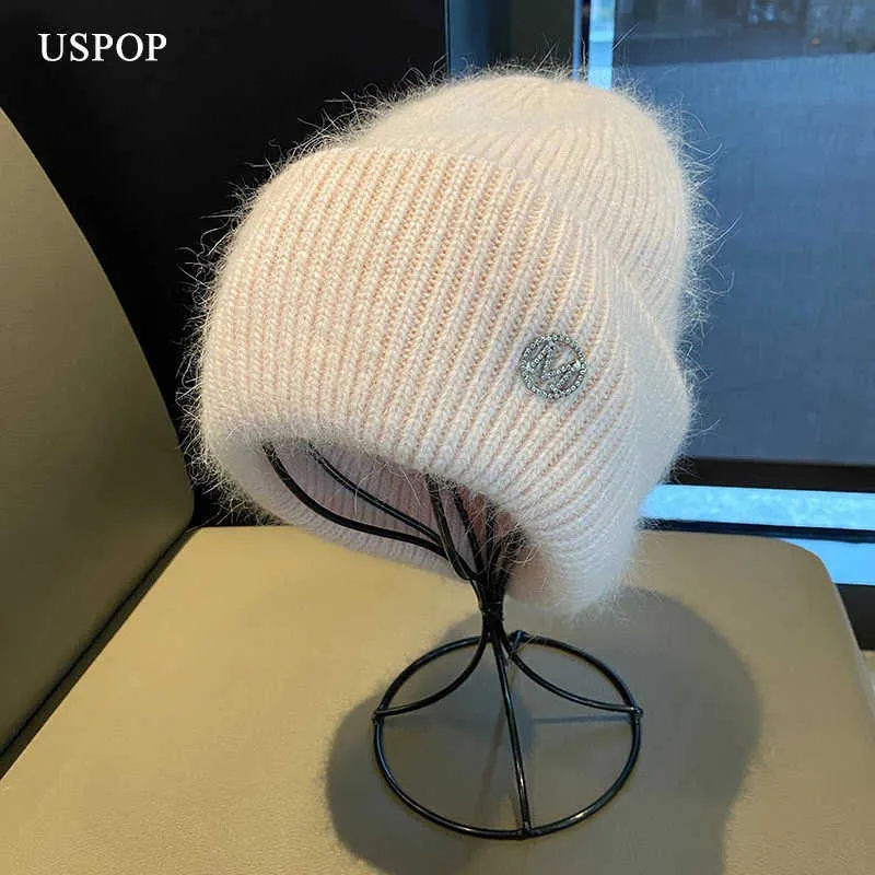 Beanie/Skull Caps New Winter Hat Women Sticked Beanie Diamond Letter Thick Warm Moft Rabbit Hair Skallies Beanies Hat T221013