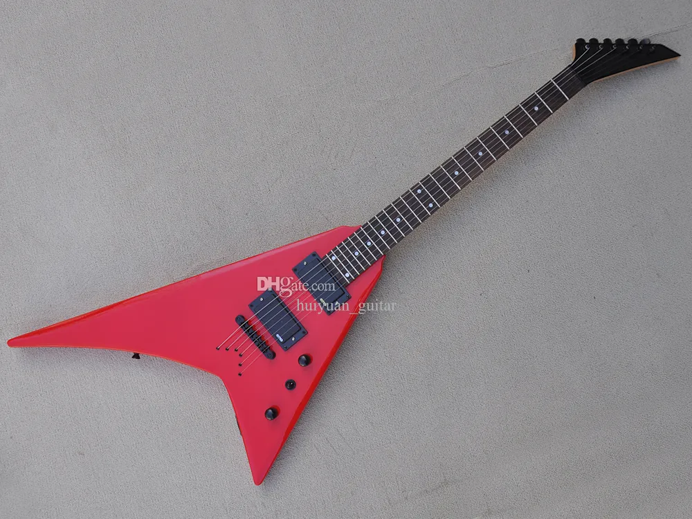 Guitare électrique rouge V à 6 cordes avec incrustation de points, micros EMG, touche en palissandre