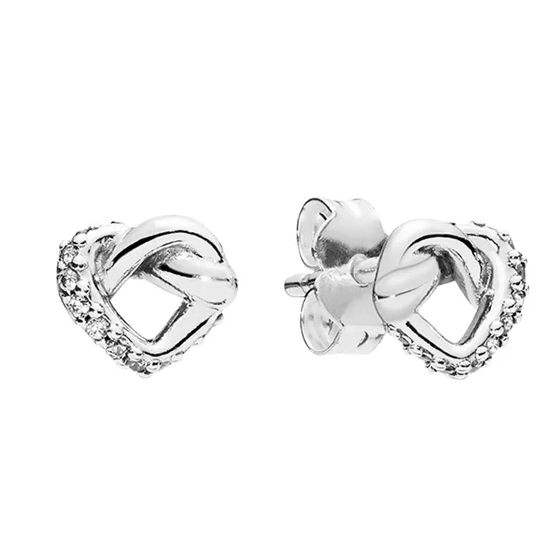 Düğümlü Kalp Saplama Küpe 925 Sterling Gümüş Sevimli Kadınlar Düğün Takı Pandora için Orijinal Kutu ile CZ Diamond Girlfriend Hediye Küpe Seti