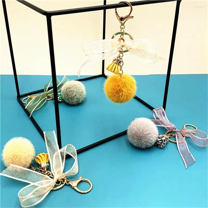 Keychains Cute Bow Key Ring Pendant Car Chains Charms With Lace Fur Ball Women's Bag Ornaments Accessories Party Souvenir Gift