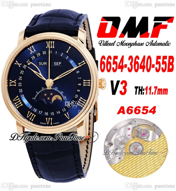 OMF VILLERET 복잡한 기능 A6554 자동 남성 시계 V3 40mm 6654-3640-55B 로즈 골드 블루 다이얼 로마 마커 블랙 가죽 스트랩 슈퍼 에디션 퓨레 타임 G7