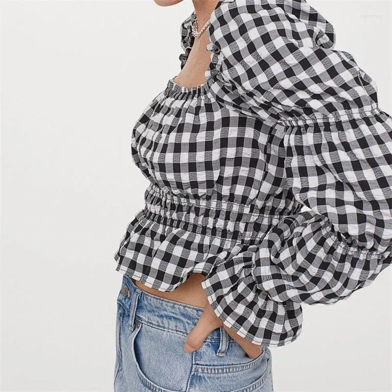 Kvinnors blusar Kvinnors tröjor ZXQJ Women 2022 Fashion Elastic Smocked Ruffled Croped Plaid Vintage Square Collar Long Sleeve Kvinna