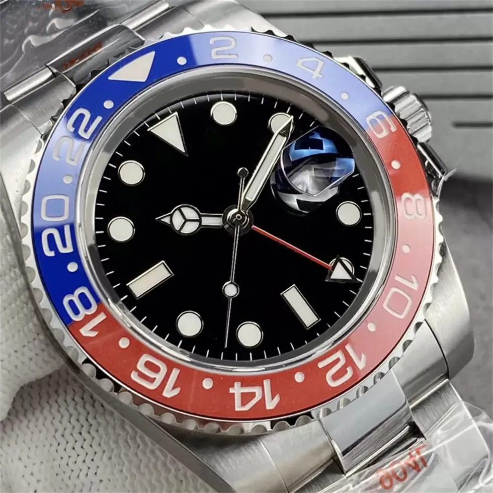 Luxe horloges Mannen kijken naar redblue keramische bezel GMT II 40mm 904L Mens Watch Mechanial Automatische beweging Sapphire Waterdichte Luminous polshorloges