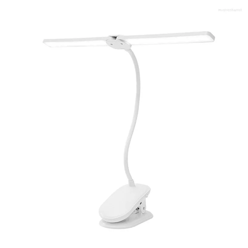 Tischlampen AT35 LED-Klemme Doppelkopf-Schreibtischlampe Flexibler Schwanenhals Touch-Dimmung USB-Ladeclip für Büro