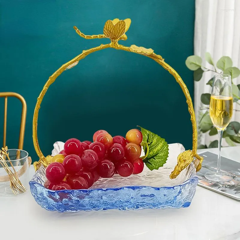 Botellas de almacenamiento Plato de frutas Adornos decorativos americanos Libélula Cesta de vidrio 3D Cobre Estilo europeo Hogar Contenedor de dos colores