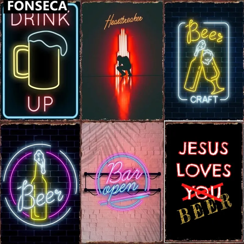 Neon Bar Open Decoration Metal Painting Tin Signs Plates Wall Room Decor Retro Vintage For Home Pub Club Man Cave Cafe Poster Sticket size 30x20cm