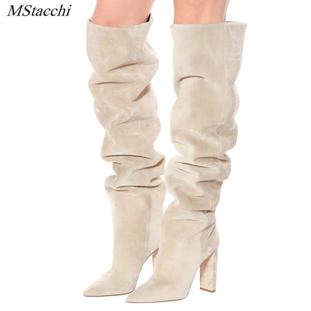 Stivali Mstapchi Donna sopra il ginocchio Faux Suede High Slouchy Punch Shoe Tacco grosso Slouch Scarpe da donna 220901