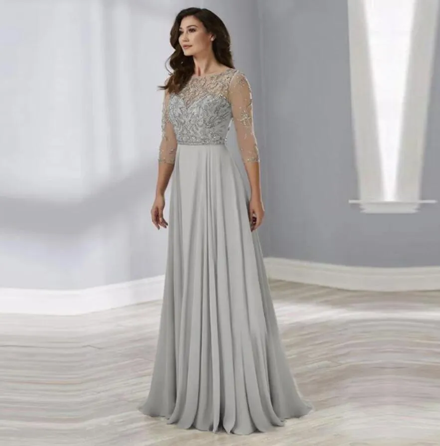 Mother of the Bride dresses half-sleeve lace Illusion of gray pearls round-necked bodice elegance more size NEW IN