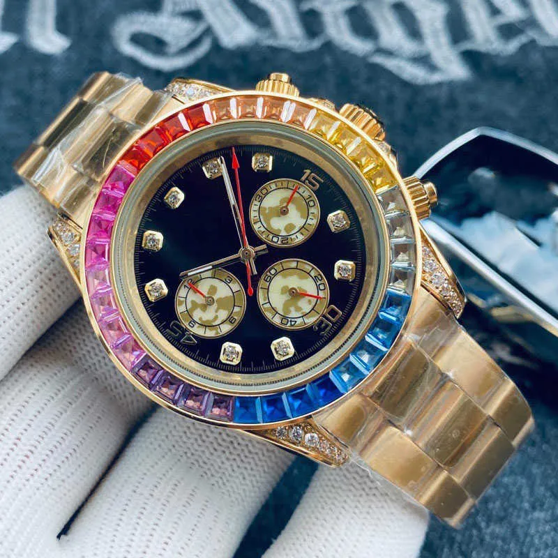 Wristwatches Mens Watch Rainbow Di Automatic Mechanical Watches Stainless Steel Strap Classic Three Eyes Six Needle Design Scratch Resistant Crystal