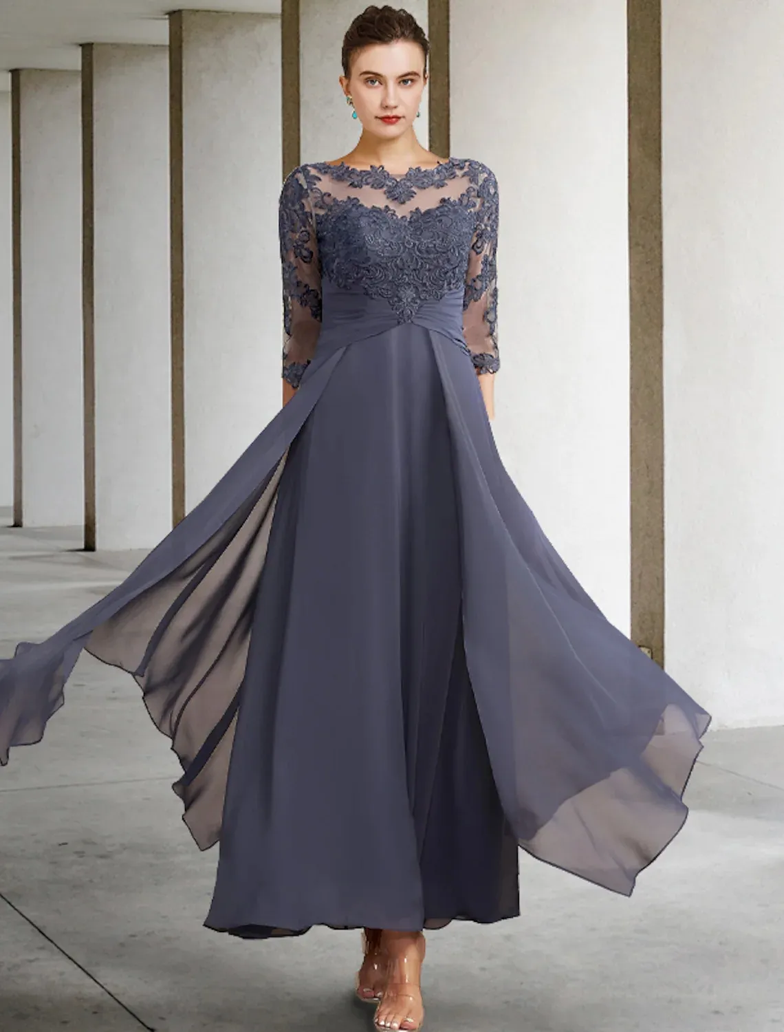 Abito per la madre della sposa a trapezio Taglie forti Elegante collo gioiello Lunghezza alla caviglia Chiffon Mezza manica in pizzo con applicazioni con volant arricciati 2022 Robe De Soiree