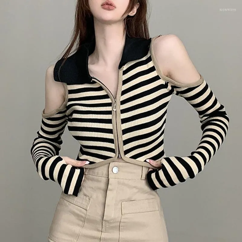 Women's Knits Retro Polo Collar Strapless Contrast Color Striped Casual Cardigan Women 2022 Summer Sexy Slim Zipper Knitted Crop Tops