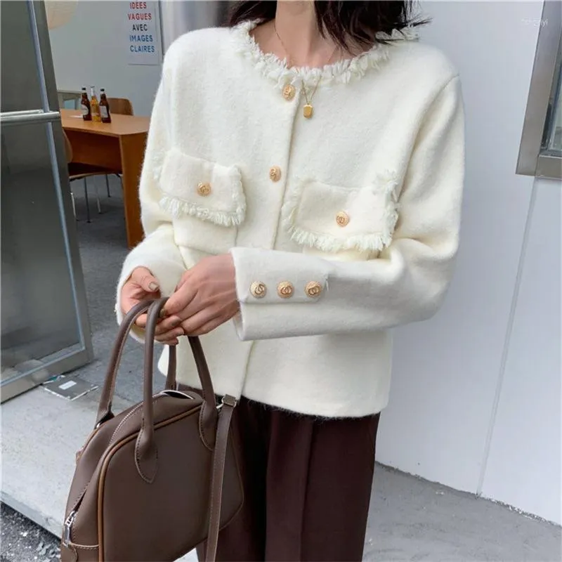 Women's Knits Elegant Design Tassel Edge Knitted Cardigans Women Korean Style Chic Loose Vintage Sweater Coat Autumn Winter 2022 Pull Femme