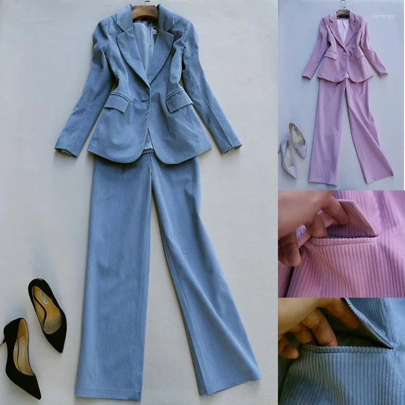 Pantalones de dos piezas para mujer, traje elegante para mujer, chaqueta de pana, conjunto con americana de dos piezas de pierna ancha para oficina, pantalón Formal