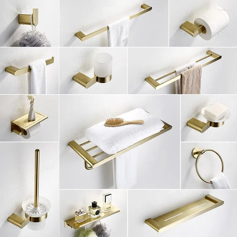 Bath Accessory Set Luxury Brushed Gold Bathroom Accessories Dish Soap SUS304 Stainless Steel Toilet Brush Holder Wall Towel Bar Hardware