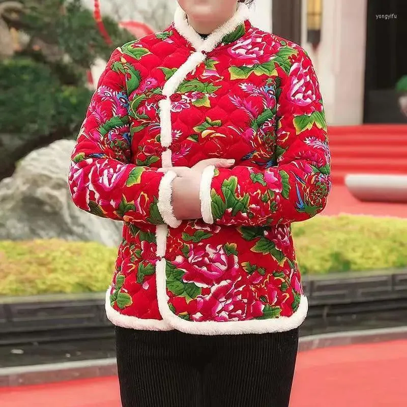 Płaszcze damskie okopy 2022 Chiński styl vintage bawełniane kurtki kobiety zimowy druk puch krawędzi Krótki płaszczowy ubrania wyściełane