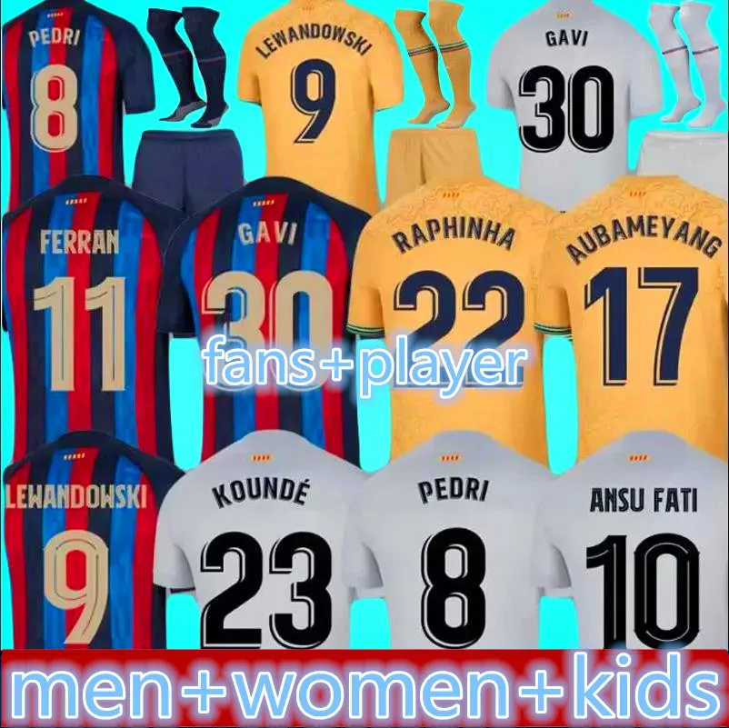 22 23 Pedri Lewandowski Barcelona Jersey de futebol Gavi Ansu Fati de Futbol Ferran 2022 2023 Camiseta Raphinha Camisa de futebol masculino Homens de uniforme infantil