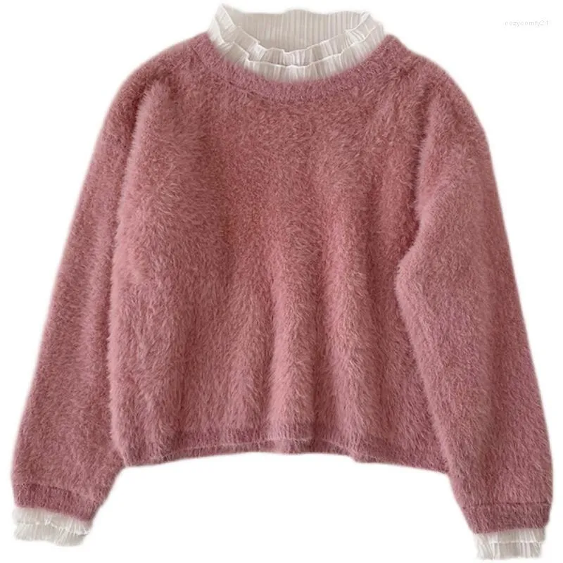 Frauen Pullover Winter Koreanischen Stil Temperament Lose Spitze Rand Stehkragen Pullover Lange ärmeln Mohair Pullover Frauen