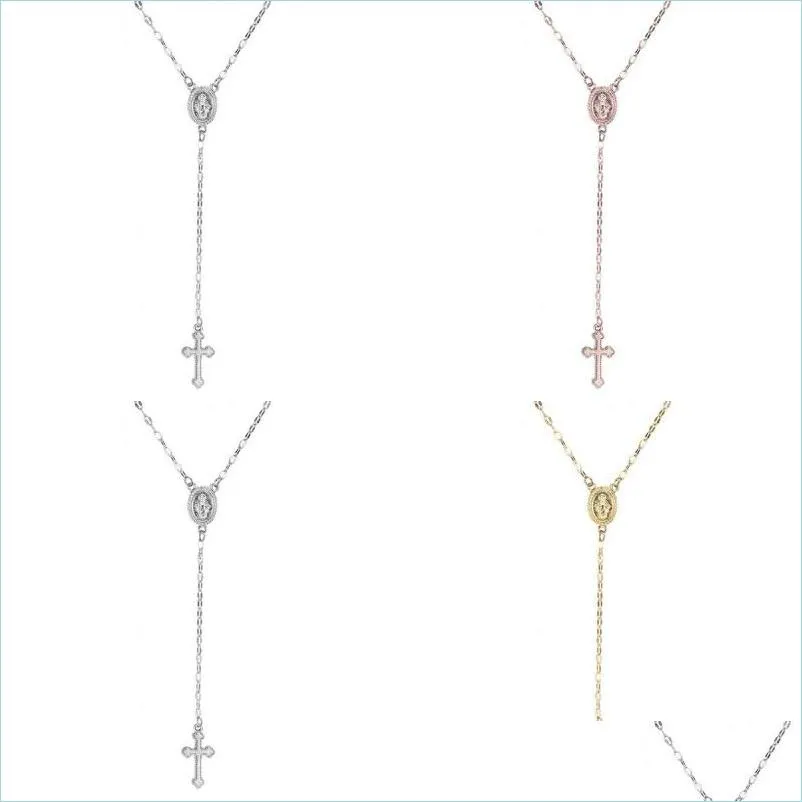 Pendant Necklaces Cross Rosary Necklace For Women Virgin Mary Religious Jesus Crucifix Pendant Sier Rose Gold Chains Fashion Jewelry Dhphh