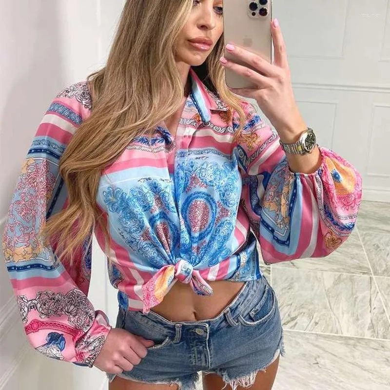 Women's Blouses 2022 Fashion Retro Pattern Printed Shirts And Tops Spring Elegant Lapel Button Fall Long Sleeve Bow Ladies