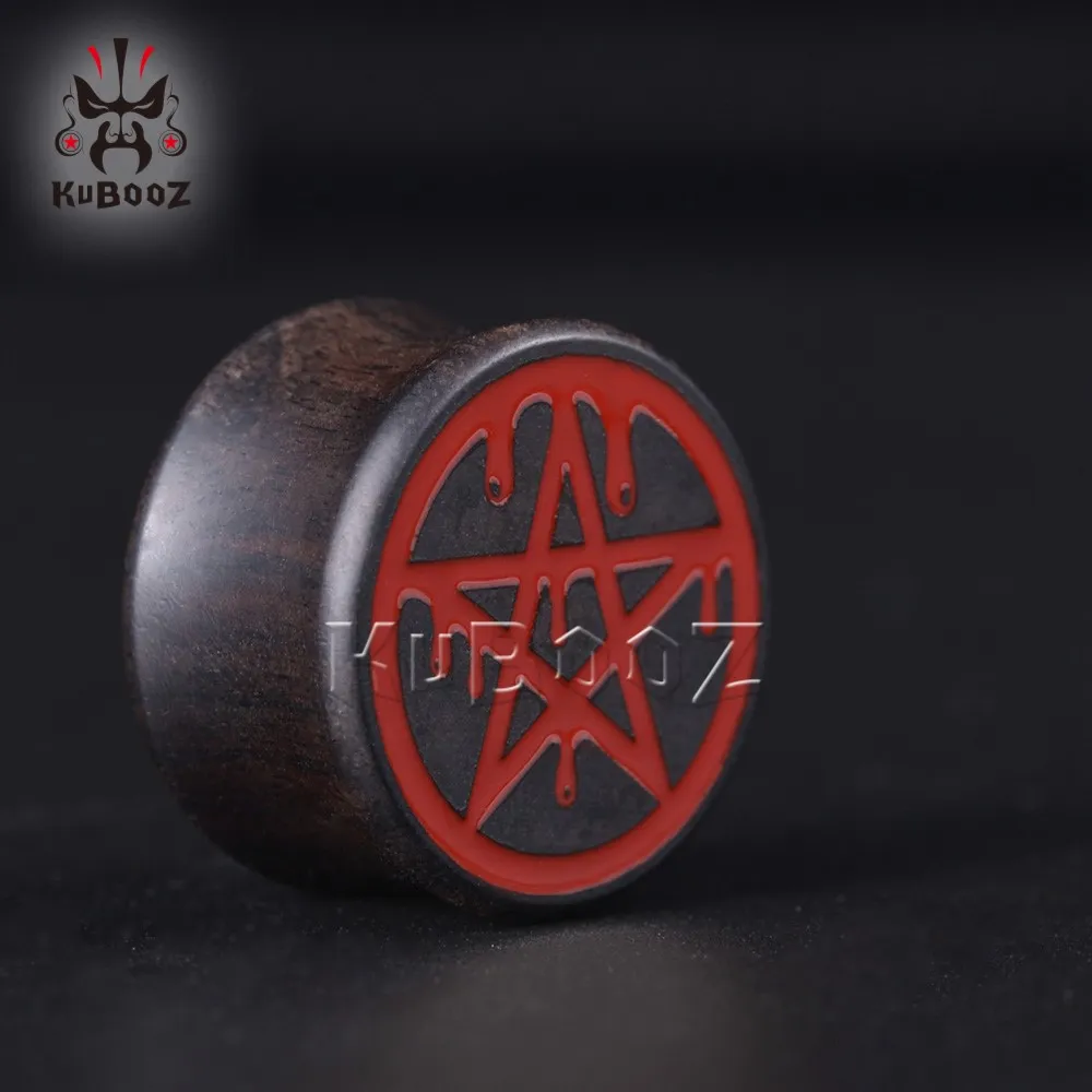 Kubooz Wood Red Pentagram Ear Tunels Wtyczki Wskaźniki Korpus Kreping Jewelry Expanders Hurtowe 