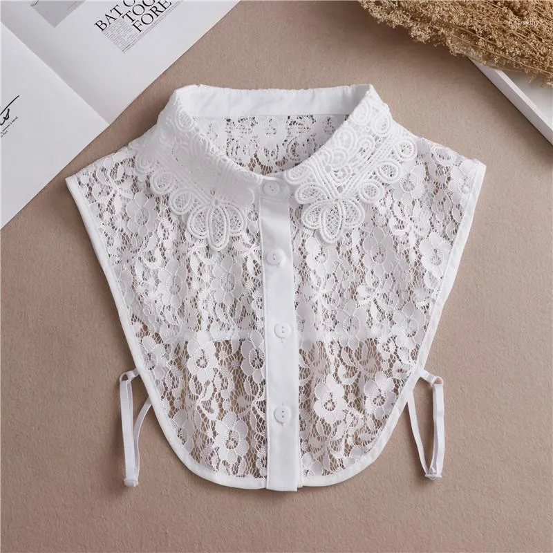 Bow Ties Elegant Women Embroidery Hollow Lace Flower Neckline Lady Fake Collar Detachable False Cardigan Button Lapel Blouse Tops