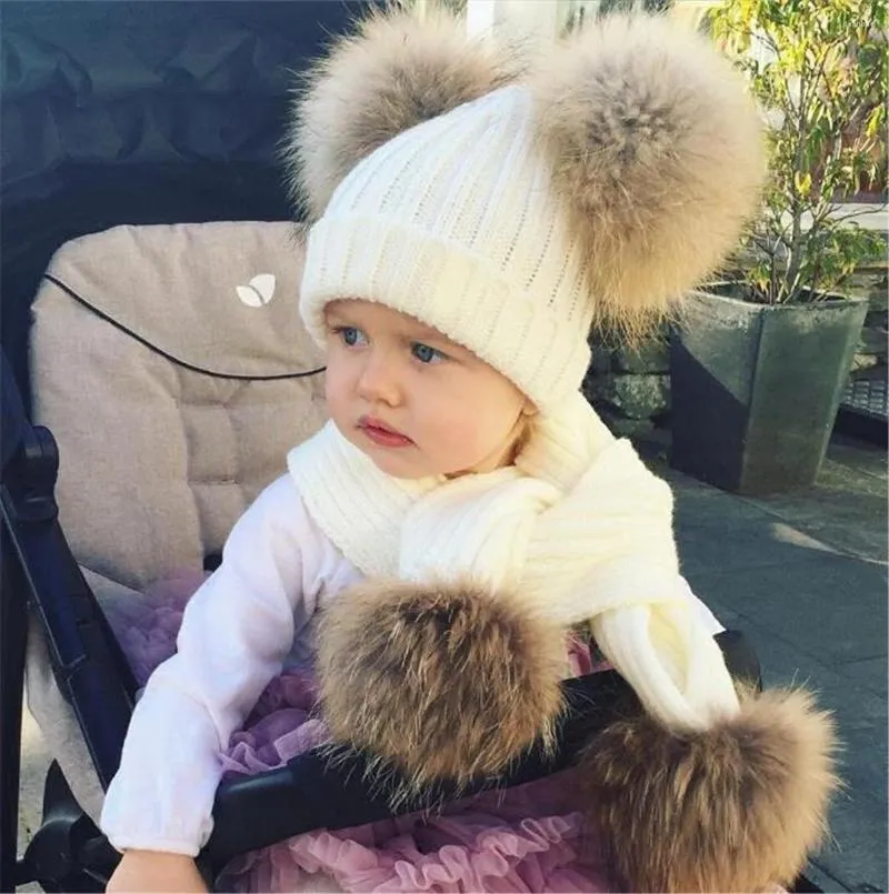 Cappelli Inverno Due Pom Cappello Vera Pelliccia Per Bambini Moda Calda Sciarpa Lavorata A Maglia Con Palla